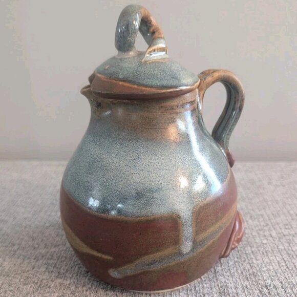 Other - Handmade Rustic Salt Glazed Blue/Brown Pottery Jug with Lid, Signed, 17cm/6"